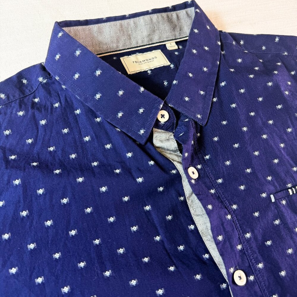 7 Diamond Button-Up Short Sleeve Shirt Men's Blue Polka Dot Classic - Large